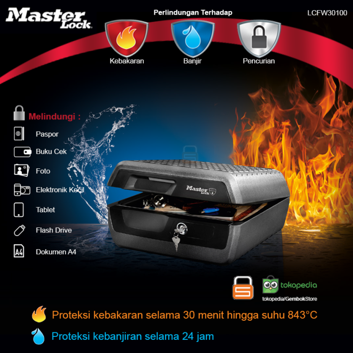 Brankas tahan api dan air Master Lock LCFW30100 – melindungi dokumen dan media digital hingga 927°C selama 60 menit | GembokStore