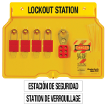 Stasiun Lockout Tagout Master Lock 1482BP410 dengan gembok keselamatan dan hasp merah