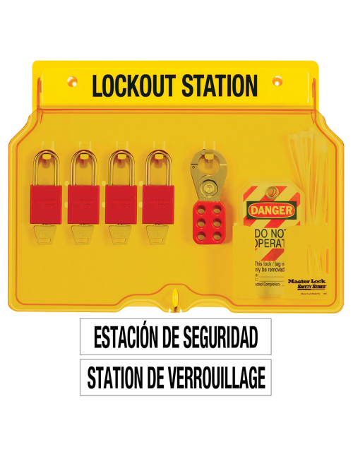Stasiun Lockout Tagout Master Lock 1482BP410 dengan gembok keselamatan dan hasp merah