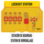 Stasiun Lockout Tagout Master Lock 1482BP410 dengan gembok keselamatan dan hasp merah