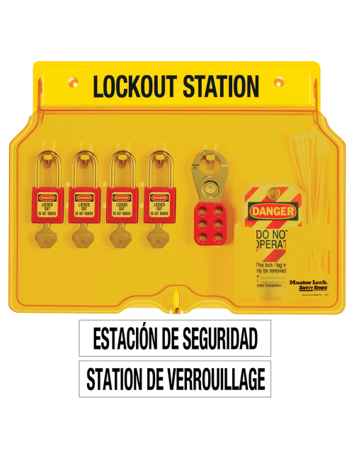 Stasiun Lockout Tagout Master Lock 1482BP410 dengan gembok keselamatan dan hasp merah