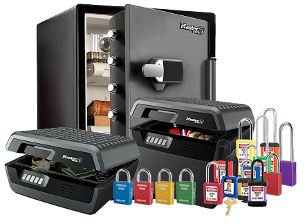 Produk Master Lock lengkap: brankas, gembok kombinasi, dan gembok LOTO warna-warni