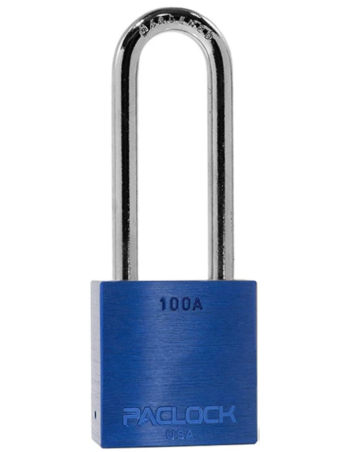 PACLOCK 100A Blue Aluminum Padlock – 3” Hardened Steel Long Shackle | Made in USA Gembok PACLOCK 100A aluminium biru dengan shackle baja keras 3 inci buatan USA