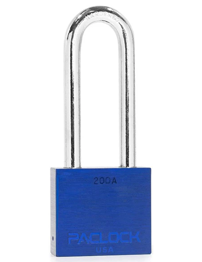 PACLOCK 200A Blue Aluminum Padlock – 3” Long Hardened Steel Shackle | Heavy Duty USA Gembok PACLOCK 200A aluminium biru dengan shackle panjang 3 inci dari baja tahan karat
