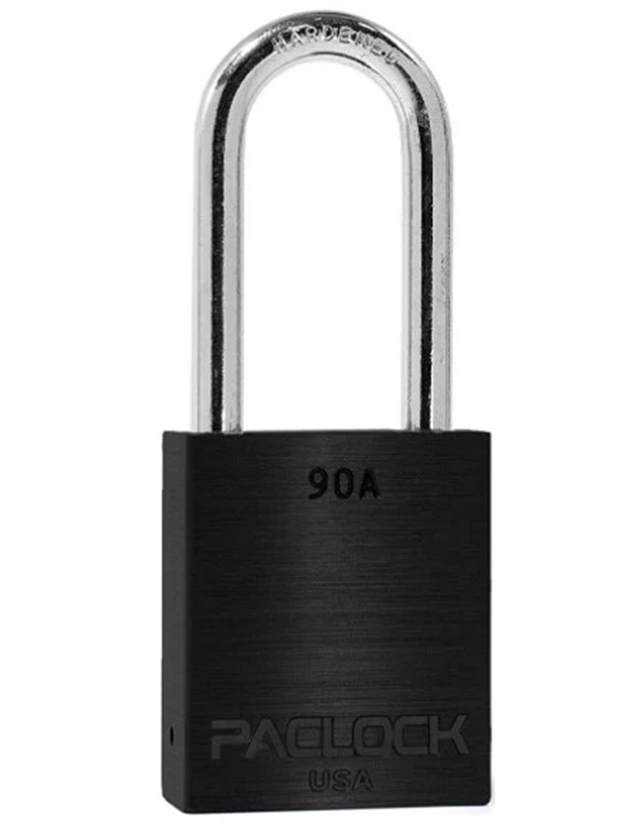 Gembok PACLOCK 90A aluminium hitam dengan shackle baja 2 inci tahan karat buatan USA