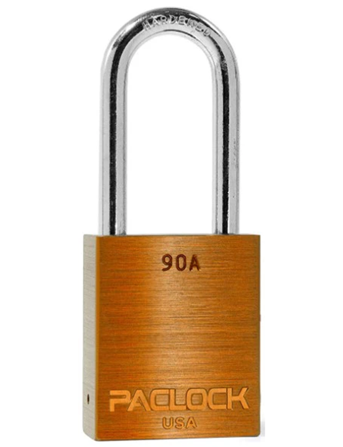 Gembok PACLOCK 90A aluminium jingga dengan shackle baja 2 inci tahan karat buatan USA