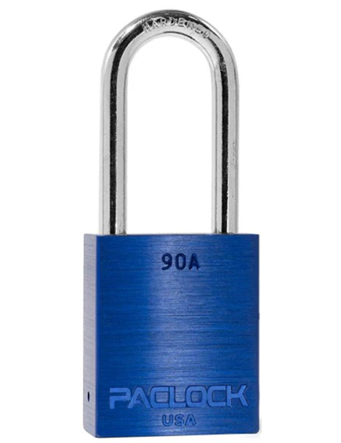 PACLOCK 90A Blue Aluminum Padlock – 2” Hardened Steel Shackle | Industrial Grade USA Gembok PACLOCK 90A aluminium biru dengan shackle baja 2 inci tahan karat buatan USA