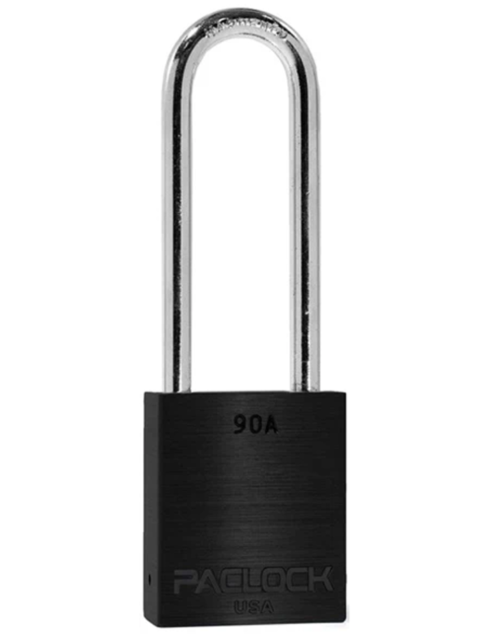Gembok PACLOCK 90A aluminium hitam dengan shackle panjang 3 inci dari baja tahan karat