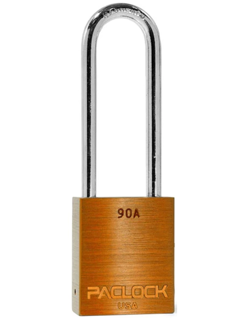 Gembok PACLOCK 90A aluminium jingga dengan shackle panjang 3 inci dari baja tahan karat