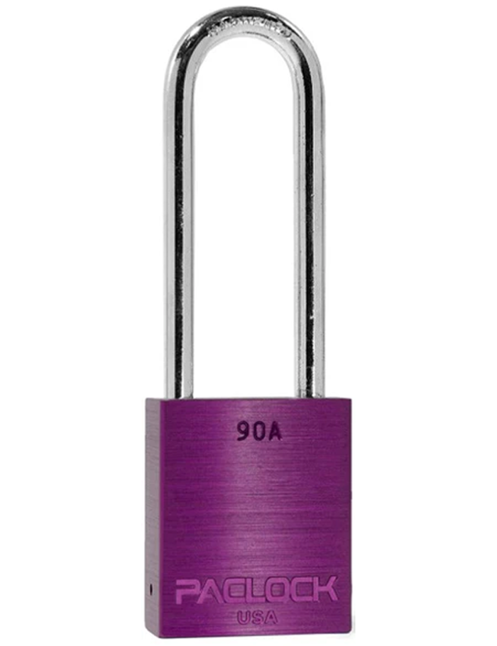 Gembok PACLOCK 90A aluminium ungu dengan shackle panjang 3 inci dari baja tahan karat