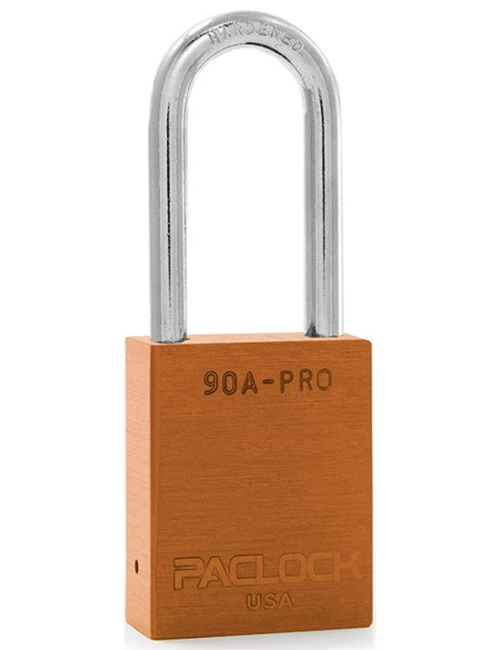 Gembok PACLOCK 90A-PRO aluminium jingga dengan shackle tinggi 3 inci untuk aplikasi lockout tagout