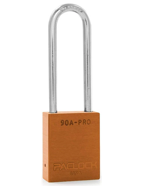 Gembok PACLOCK 90A-PRO aluminium jingga dengan shackle tinggi 3 inci untuk aplikasi lockout tagout