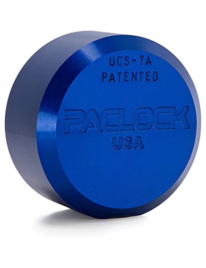 Gembok PACLOCK UCS-7A puck lock aluminium biru dengan desain hidden shackle untuk truk dan kontainer