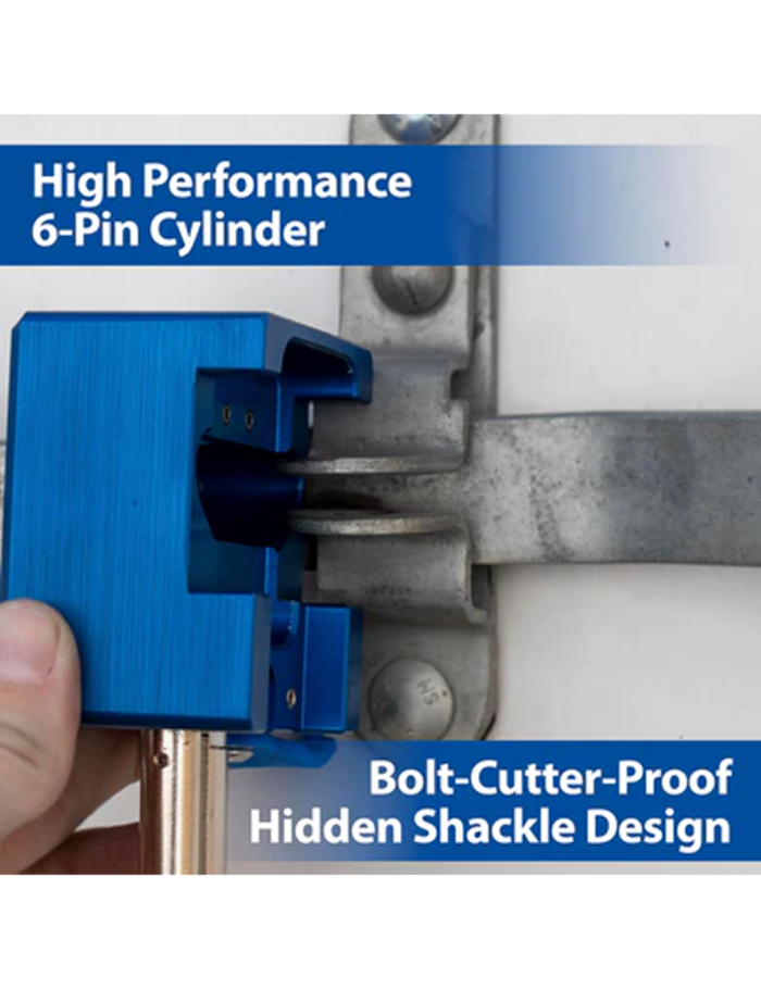 Gembok PACLOCK UCS-81A biru dengan desain hidden shackle untuk pintu trailer dan truk