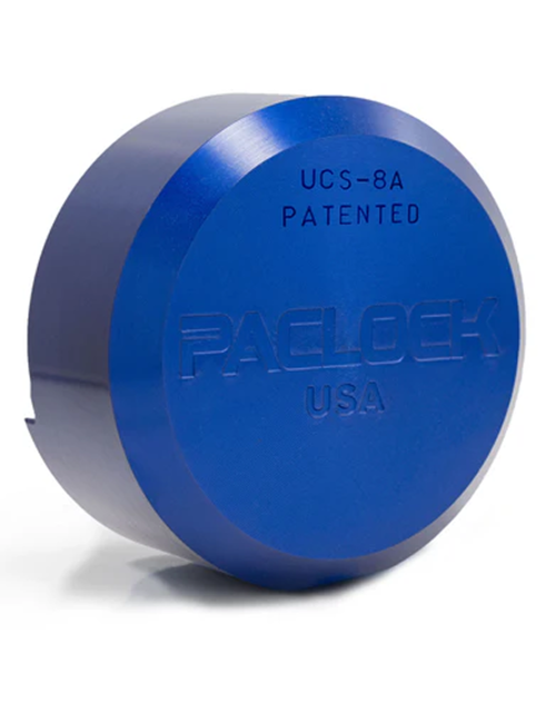 Gembok PACLOCK UCS-8A puck lock aluminium biru dengan desain hidden shackle untuk pintu truk dan kontainer