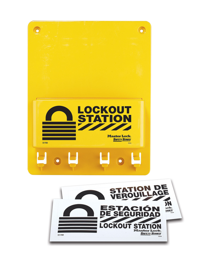 Master Lock S1700 Group Lockout Station – Compact Safety Organizer | GembokStore Indonesia Stasiun Lockout Tagout Master Lock S1700 warna kuning untuk penyimpanan perangkat keselamatan industri