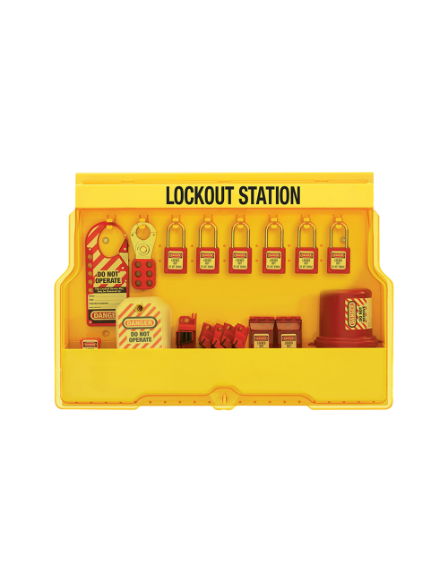 Stasiun Lockout Tagout Master Lock S1900VE410PRE lengkap dengan perangkat LOTO industri