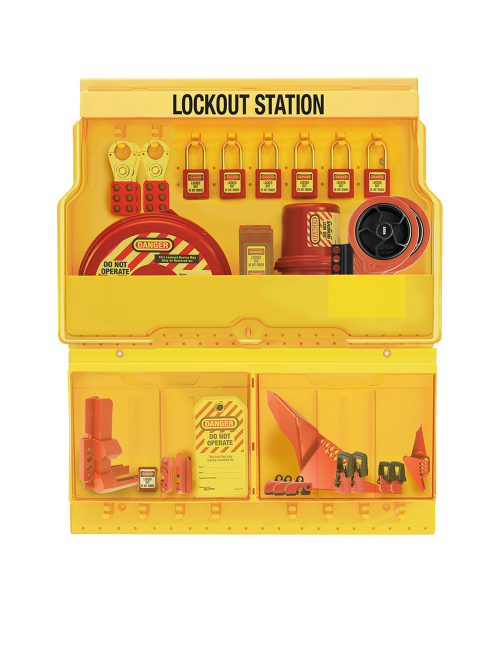 Stasiun Lockout Tagout Master Lock S1900VE410PRE lengkap dengan perangkat LOTO industri